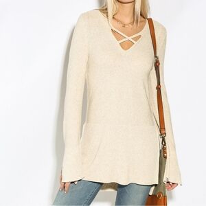 Free People Revolve Beige V Neck Criss Cross Ribbed Knit Slit Tunic Sweater